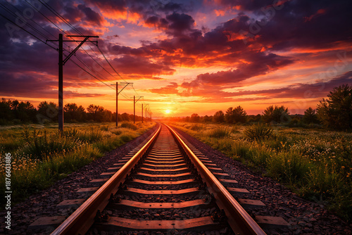Evening view of railway road on beautiful dramatic sunset sky background