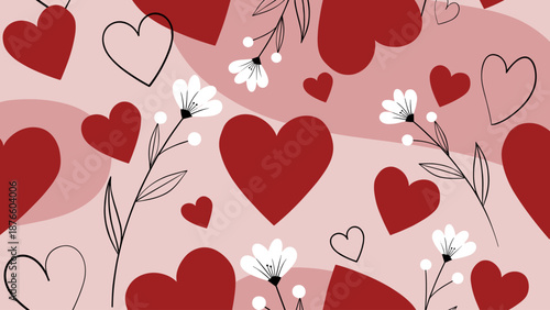 Romantic Background with Red Hearts, Outline Hearts, and White Flowers