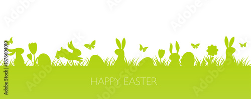 Happy Easter banner or background  with green meadow, bunny, eggs