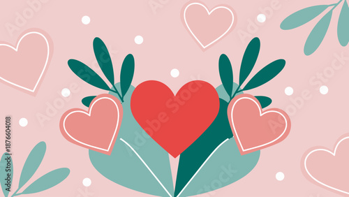 Abstract Romantic Hearts and Stylized Leaves with Polka Dots on Pink