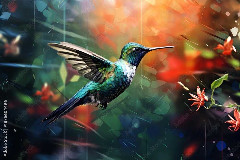 Obraz premium Colorful hummingbird with iridescent feathers flying near vibrant fantasy flowers