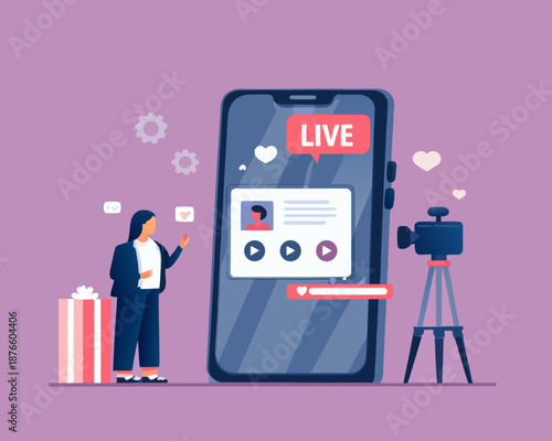 Woman live streaming on smartphone with camera and gift
