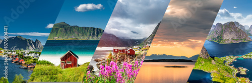 Bildkomposition aus verschiedenen Landschaftsbildern der Lofoten Inseln in No...