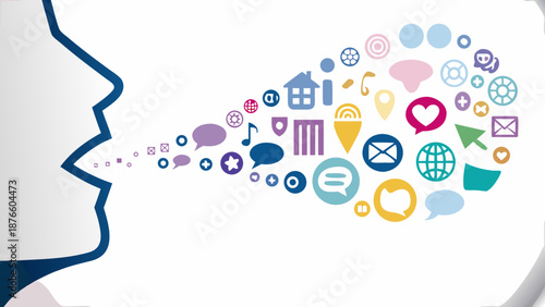 Vibrant digital communication icons emerging from a human head