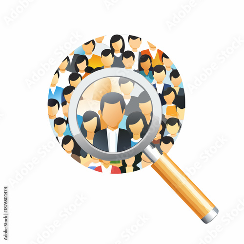 Businessman standing out from crowd under magnifying glass