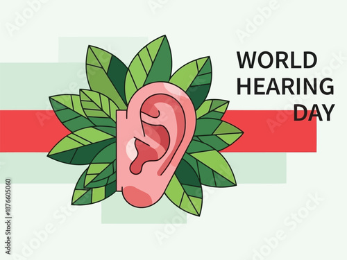 World Hearing Day banner with ear and leaves vector illustration