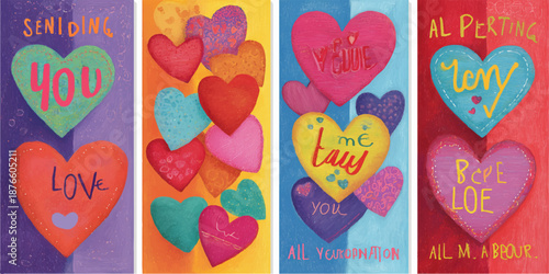 Creative concept of Happy Valentines Day cards set. Modern abstract art design with hearts and geometric shapes. Templates for celebration, ads, branding, banner, cover, label, poster, sales