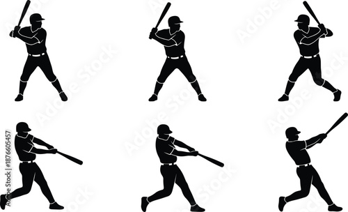 Baseball batter silhouettes set showing swing stages, hitting action sequence, professional sports poses, black vector illustration isolated