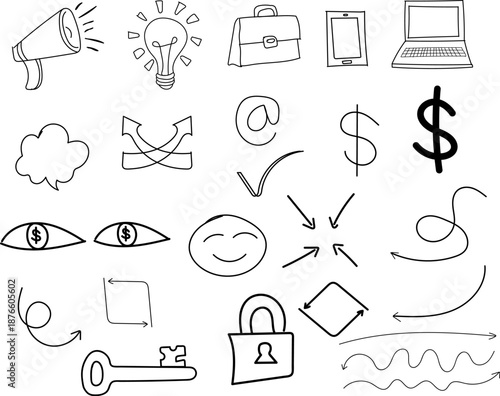 Business and technology office equipment icons hand drawn with black ink on grid back