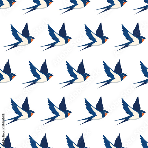 Seamless pattern of flying swallows Repeating vector pattern of blue and white swallows with orange beaks, ideal for spring-themed backgrounds, textiles, or wallpapers
