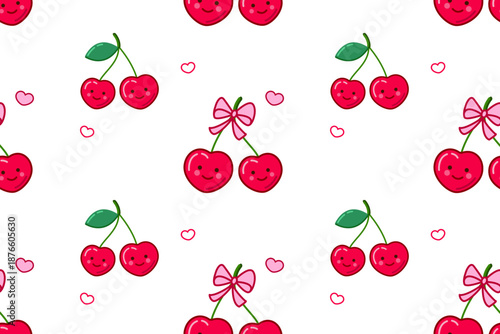 Seamless pattern with cute cartoon cherries and hearts. Background for Valentine's Day design. Vector