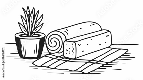A pot with a plant stands beside a rolled flatbread on a striped cloth.