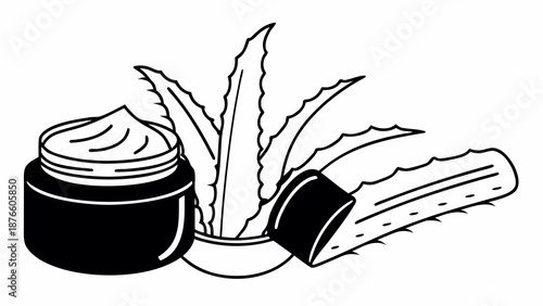 A soothing aloe vera gel container surrounded by fresh aloe leaves and a mortar, illustrating natural skincare and herbal remedies in a simple illustration style.