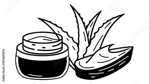 A jar of aloe vera cream and a slice of aloe vera plant beside it on a white background