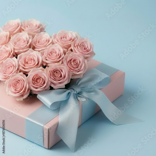 Heart shaped pink roses bouquet , gift box  on pale blue background card mock...
