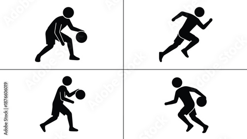 Basketball player silhouette icon set showing dribbling running and ball control movements isolated black vector illustration