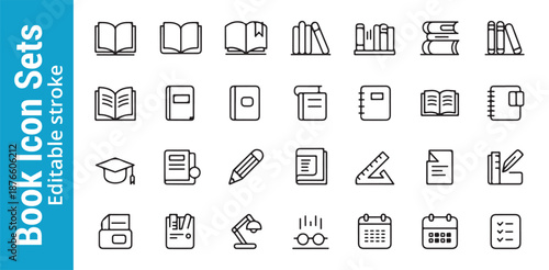 Assortment of book icon sets editable stroke for learning, research, and academic symbols isolated