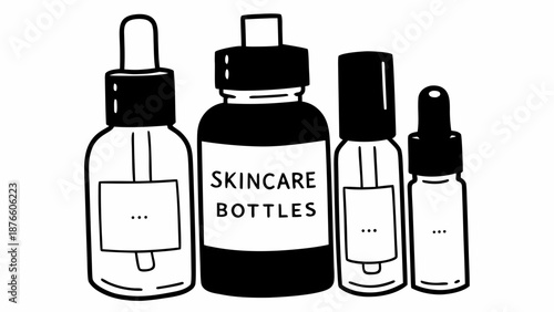 Illustration of skincare bottles with various dropper and cap designs on a white background