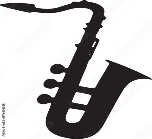 Black silhouette of a saxophone with curved bell and keys on a white background musical instrument 1