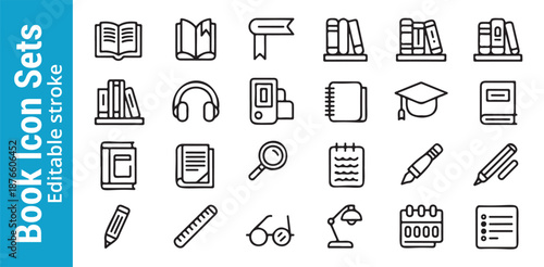 Creative library icon set with book symbols headphones and educational equipment for digital reading and learning