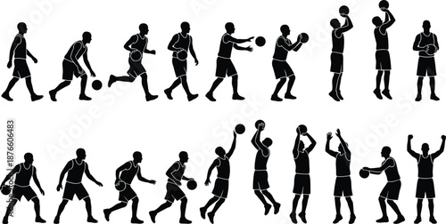 Basketball player silhouettes sequence, dribbling passing shooting actions isolated black vector illustration sports movement set