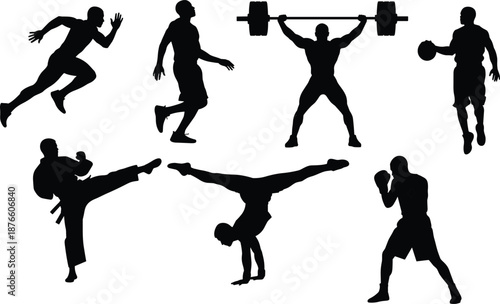 Black silhouette icons of sports action, fitness poses, martial arts, boxing, weightlifting, sprinting, jumping, dynamic motion, minimal design
