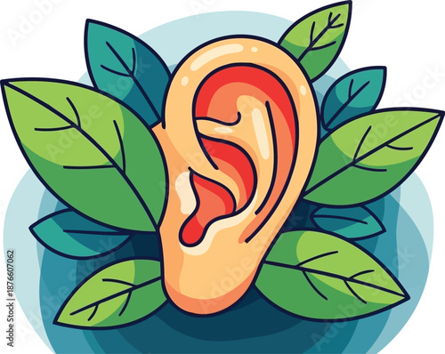 Human ear vector illustration with green leaves for hearing care