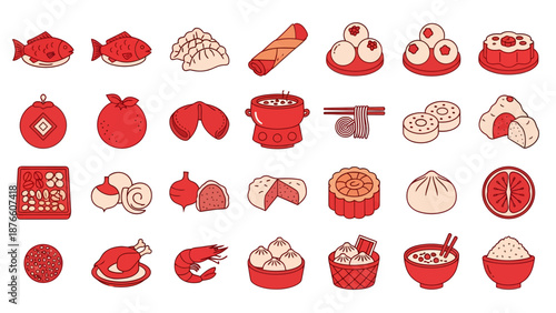 Traditional Chinese Food Icon Set, Lunar New Year Dishes, Dim Sum, and Festive Asian Cuisine Icons in Flat Line Art Style