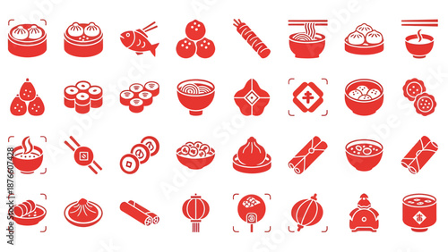 Red Chinese Food and Lunar New Year Icon Set, Traditional Asian Cuisine, Dim Sum, Lanterns, and Chinese Culture Glyphs
