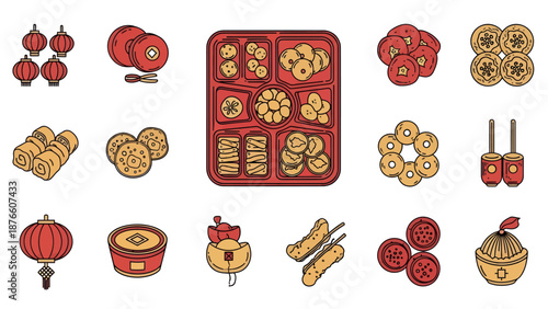 Chinese New Year Traditional Food Icon Set, Lunar New Year Snacks, Nian Gao, Dim Sum, and Lantern Decorations in Flat Vector Style