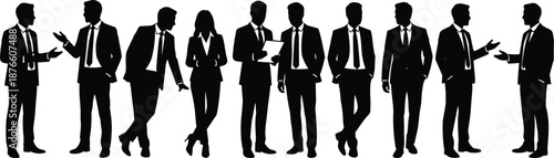 Business people silhouettes, teamwork discussion corporate meeting men women professionals black vector illustration isolated white background concept modern