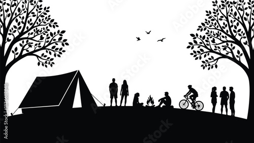 Camping friends silhouette enjoying outdoor adventure with tent campfire bicycle nature travel lifestyle concept illustration