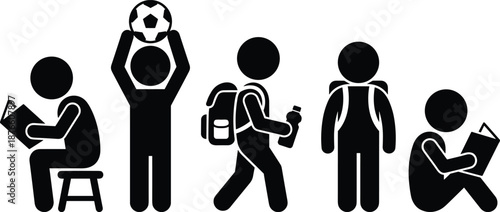 Children education and activity icons set, reading playing studying walking school life, black vector illustration isolated design concept