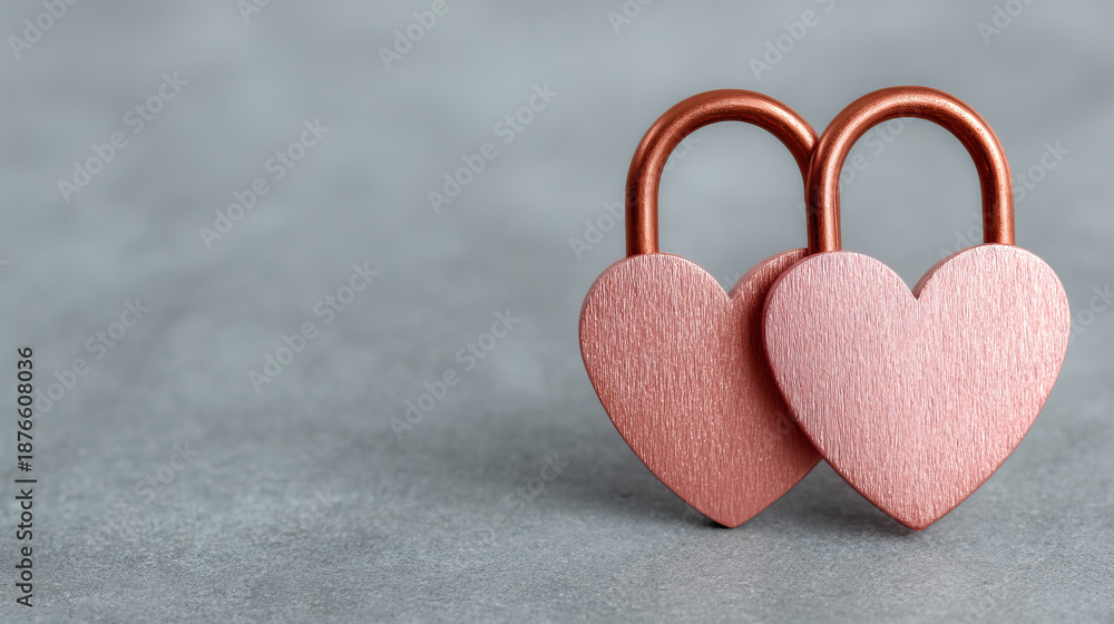 Fototapeta premium Two pink heart shaped padlocks symbolize love and valentine with soft gray background creating romantic and tender atmosphere perfect for valentine celebration