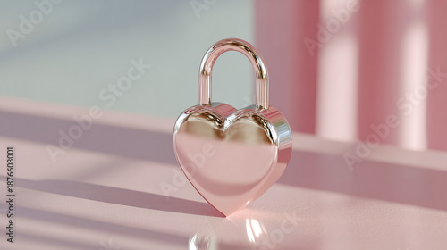 Heart shaped lock in shiny rose gold metal on soft pink surface with gentle shadows creating romantic valentine atmosphere perfect for love and security themes