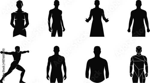 Human silhouette collection, black figure poses, abstract character design, fashion model shapes, dynamic posture set, vector illustration, artistic reference, editable
