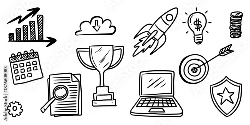 Hand Drawn Business and Success Doodle Icons Set.