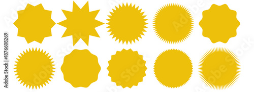 Yellow shopping labels collection. Sale or discount sticker. Special offer price tag. Supermarket promotional badge. Vector sunburst icon.