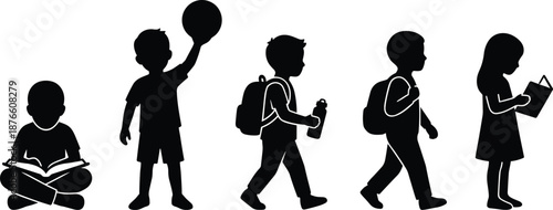 Children silhouette education and activity set, reading studying walking playing poses, school life concept, black vector illustration isolated