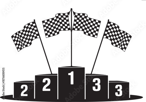 Black and white checkered flags on podium with numbered blocks