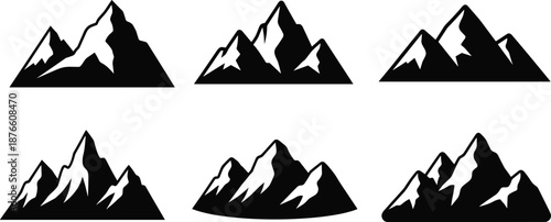 Minimalist mountain icon set, black silhouette, snow-capped peaks, outdoor design, rugged terrain, nature graphic, vector landscape, adventure theme