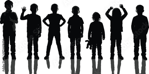 Children standing silhouette lineup with playful gestures reflection effect diverse kids poses childhood illustration set