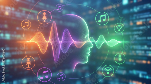 Wallpaper Mural Sound waves and human head with music and wifi symbols around  technology concept Torontodigital.ca