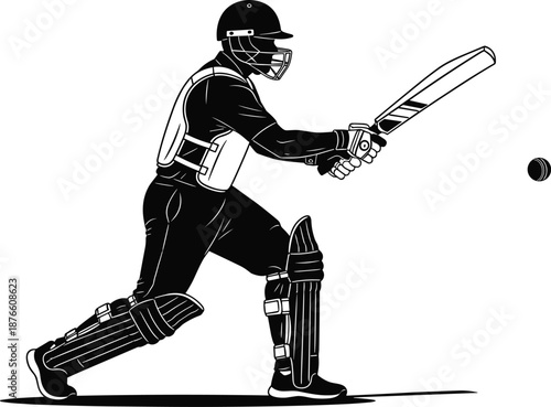 Cricket batsman silhouette playing shot, professional athlete batting action pose, competitive match moment, black vector illustration, isolated design