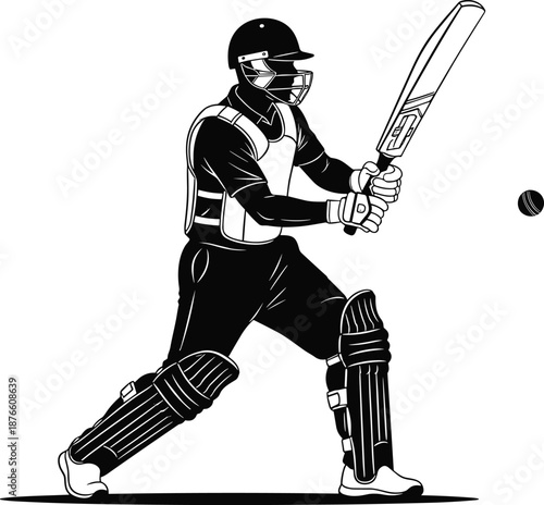 Cricket batsman silhouette playing shot, professional sportsman in action stance, competitive match moment, black vector illustration