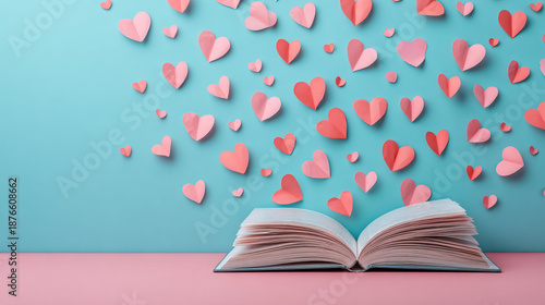 Wallpaper Mural Valentine paper heart shapes float above open book on pastel blue and pink background creating romantic and creative valentine atmosphere perfect for love and reading themes Torontodigital.ca