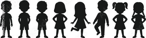 Cute children silhouette set with boys and girls standing playful poses cartoon style kid illustration