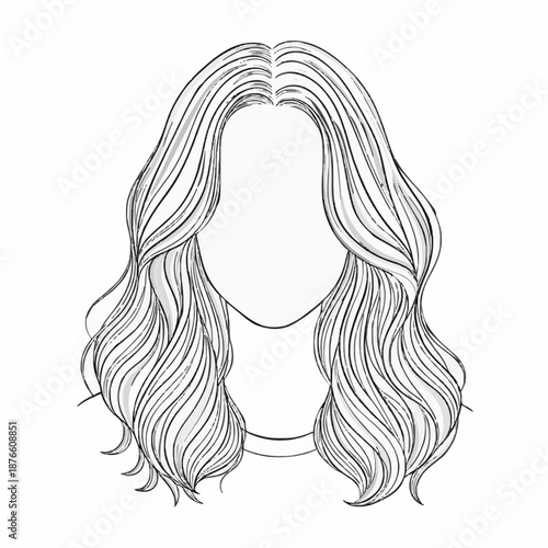 Line drawing of a woman's head with long wavy hair on a white background