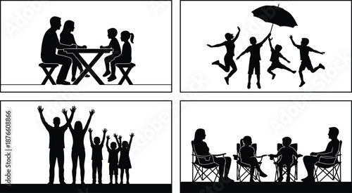 Family lifestyle silhouettes set showing dining playing celebrating and relaxing moments together isolated black vector illustration
