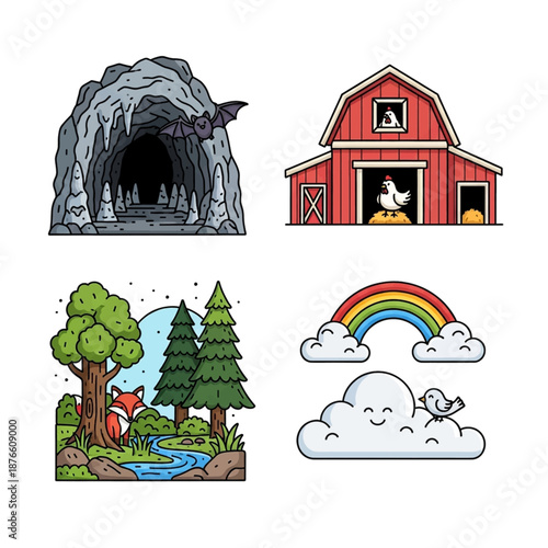 Four cartoon illustrations depicting diverse natural and rural scenes including a cave, barn, forest, and rainbow with animals.